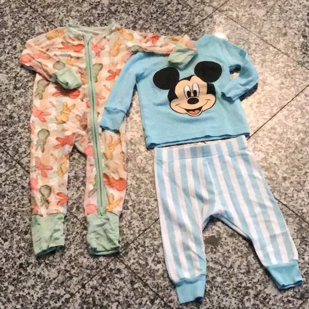 Disney light blue Mickey top with striped pants and a bunny print footie
